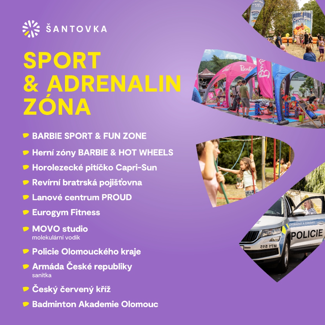 Sport & Adrenalin zóna — Barbie & Hot Wheels, lanové centrum PROUD, Eurogym, MOVO, Policie, Armáda, ČČK